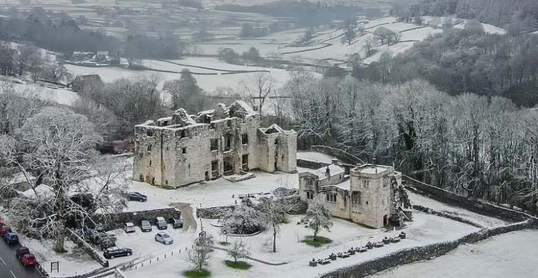 Aerial view of The Priest's House venue in the snow